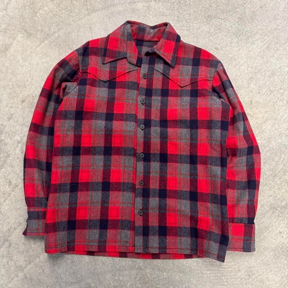 Vintage 70's Wool Plaid Flannel Western Shirt Mens L Navy Red Black Button Up L